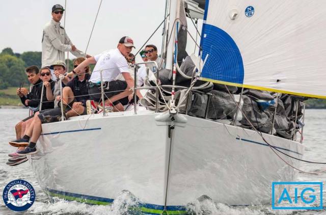 William Byrne (kneeling and closest to camera) of the National Yacht Club will be competing with the young team onboard J/V50 ‘Crazy Horse’ owned by Irish American, Kevin McLaughlin