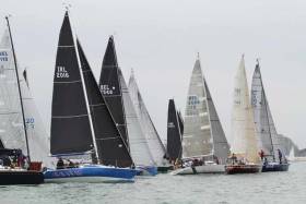 Dave Cullen&#039;s Checkmate XV (blue hull second from left) from Howth Yacht Club emerges in clear air in the light-wind start of yesterday’s opening race in the Half Ton Classics in Belgium