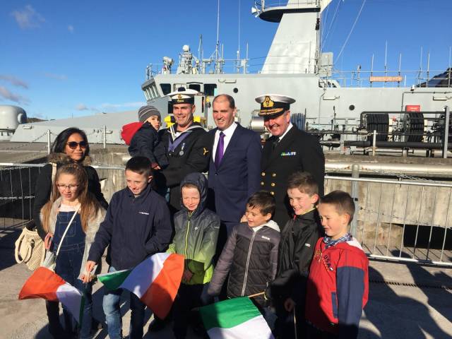 A crew member of LÉ James Joyce along with Chief of Staff of the Defence Forces, Vice-Admiral Mark Mellett (on right) and Minister with Responsibility for Defence, Paul Kehoe who commented on the arrival: "It was a privilege to greet ship captain Lt commander Martin Brett and the rest of the crew who will now enjoy a well-earned break with their families".
