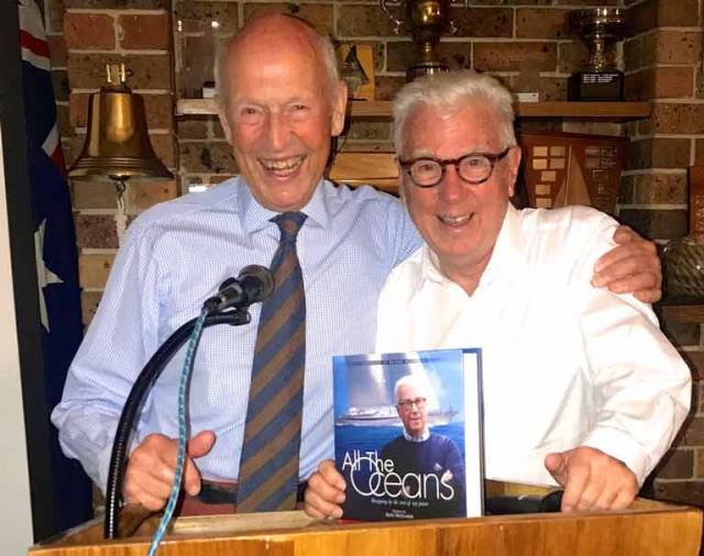Sailmaker Johnny McWilliam (left) and designer Ron Holland at yesterday’s Australian launch of Ron’s new book of memoirs at the Royal Yacht Cub of Victoria in Melbourne