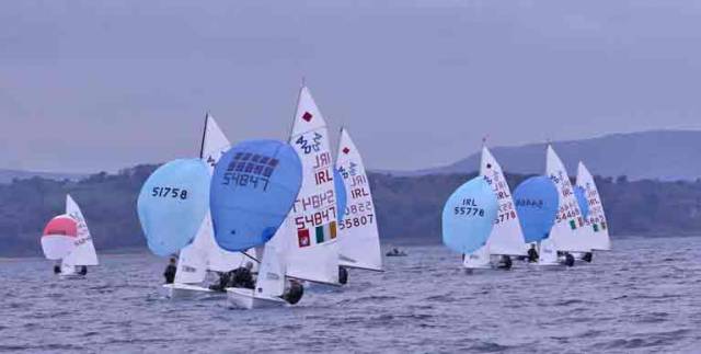 Gemma McDowell & Emma Gallagher (Malahide) lead the 420s from Geoff Power & James McCann and Kate Lyttle & Niamh Henry (RSTGYC) racing on Belfast Lough from Ballyholme YC. After two days, Power of Dunmore East holds the lead