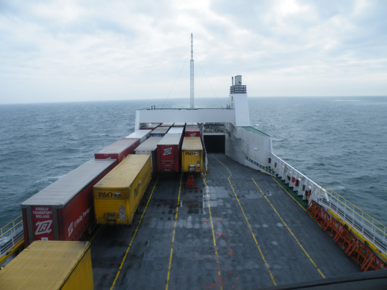 The Irish Road Hauliers’ Association has sought clarity from the Dept. of Transport on whether (freight) drivers can get single cabins on ferries or be allowed to sleep in their trucks. AFLOAT's photo of unaccompanied trailers on the upper deck of Seatruck Pace, a P' class ro-ro freight ferry with a 110 freight-unit /2,930 lane metres capacity and which operates Dublin-Liverpool. In addition Afloat adds limited space for passengers (only with vehicles) were also carried, but due to COVID-19, Seatruck has now stopped carrying HGV drivers along with motorist passengers.