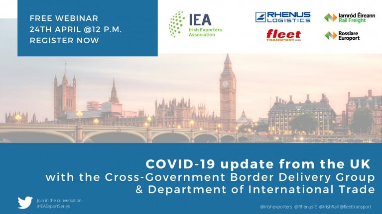 Irish Exporters Association is to host a free webinar: Covid-19 Update from the UK, where speakers from both sides of the Irish Sea will take part in the event. To join in you must though register online before the event begins tomorrow, Friday at 12 noon.