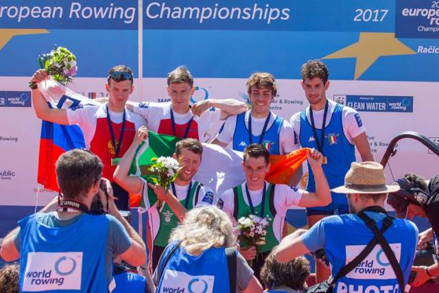 European gold medallists Mark O'Donovan and Shane O'Driscoll with Russia (silver) and Italy (bronze). 
