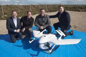 Pictured (l-r): Professor Derek O’Keeffe, NUI Galway, Steven Flynn, Skytango, Wayne Floyd, Survey Drones Ireland and Mark Daly, Vodafone Ireland with the world’s first diabetes drone. The drone completed the first autonomous, beyond visible line of sight drone delivery of insulin, connected by Vodafone IoT, from Connemara Airport to Inis Mór in the Aran Islands. The diabetes drone was given special research permission from the Irish Aviation Authority to show the possibility of future deliveries of this kind within planned drone corridors. Photo: Andrew Downes, Xposure 