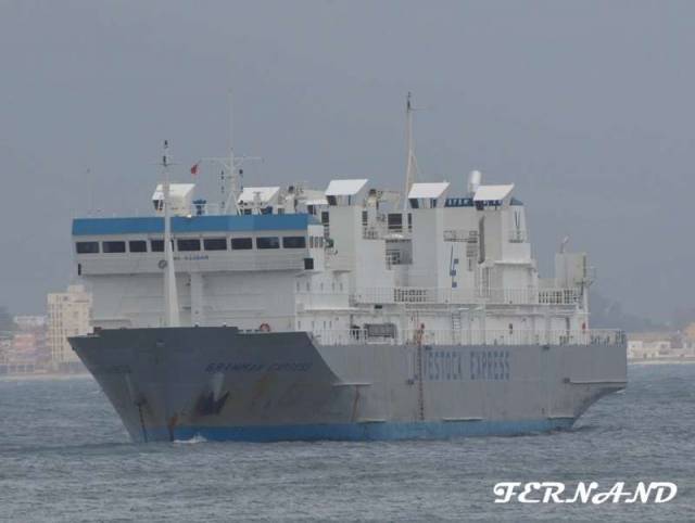 The distinctive ventilation shafts of the livestock-carrier, Brahman Express which Afloat tracked in the Irish Sea this afternoon having departed Greenore Port is bound for Turkey 