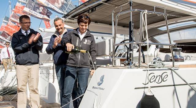 New launch (from left to right) Jean- François Lair, Beneteau, Gianguido Girotti, Beneteau, and Dame Ellen MacArthur christen the new Beneteau Sense 57 at Southampton Boat Show