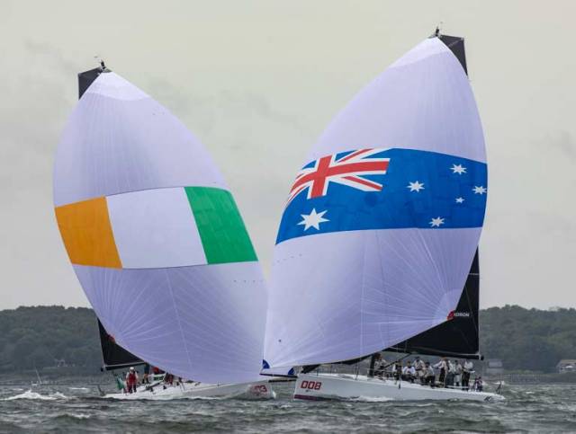 Royal Cork Yacht Club's Anthony O'Leary duels downwind with  Royal Sydney Yacht Squadron's Guido Belgiorno-Nettis in day two of the New York Invitational Cup