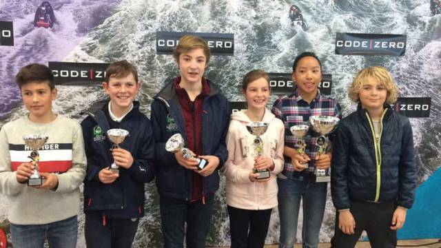 Irish Sailors and their impressive haul from the Hague Optimist Cup 2017 in Scheveningen in the Netherlands. Sailors from left to right Sam Ledoux, Johnny Flynn, Nathan van Steeberge, Leah Rickard, Clementine van Steenberge, and Rocco Wright