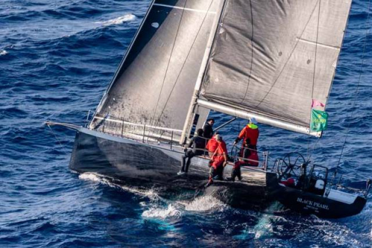 Stefan Jentzsch’s Carkeek 47 Black Pearl on her way to a class win in the 2019 Middle Sea Race with Dublin sailor James Carroll onboard