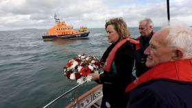 April English, widow of the renowned professional yachtsman Joe English, who sailed on board Moonduster in the tragic 1979 Fastnet Race, at a wreath-laying ceremony near Howth commemorating the 40th anniversary of the tragedy