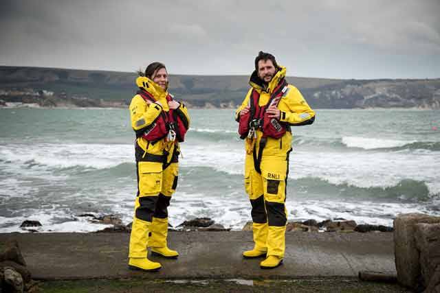 Two RNLI crew wearing the new Helly Hansen gear