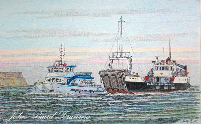 FERRIES IN ART: In this colour sketch by John Baird are the Rathlin Island ferries Rathlin Express and Canna (soon to be replaced) by a new Arklow built car ferry to serve the six mile crossing on the Sea of Moyle. 