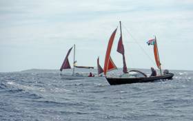 Atlantic sailing – two of the Drascombe flotilla which visited the Aran Islands in July under comfortable rig in the big seas of Galway Bay
