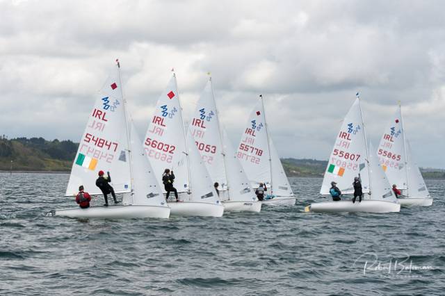 Six boats of the 420 fleet in close competition at the 2019 Youth Nationals in Cork Harbour