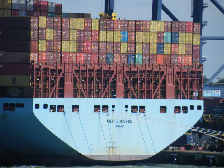 AFLOAT's photo of the deep-sea ('box-boat') containership Mette Maersk berthed in the UK at the Port of Felixstowe. The North Sea port is Britain’s biggest and busiest container port, and one of the largest in Europe connecting the globe. The UK port Afloat also adds is served by additional short-sea container 'feeder' routes to include those linking Belfast, Dublin and Cork.