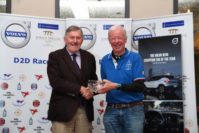 Dun Laoghaire Dingle overall winner Paul O'Higgins (right), skipper of the defending champion yacht JPK10.80 Rockabill VI from the Royal Irish Yacht Club is presented with the The Volvo D2D Race Trophy by Billy Naughton of Volvo (Billy Naughton Motors) Tralee. Scroll down for photo gallery 