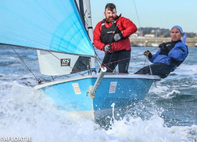 Dara McDonagh (left) and James Clancy racing an RS400 in Saturday's first race of the INSS RS series in Dun Laoghaire Harbour
