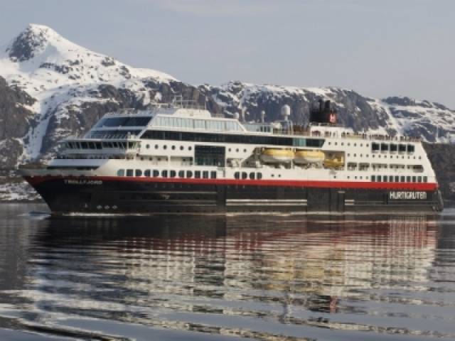 Hurtigruten's 'Milleninnium' class Norwegian coastal voyages cruiseship Trollfjord that can also take cars. The 2002 built vessel made a promotional call to Dun Laoghaire Harbour early in her career.