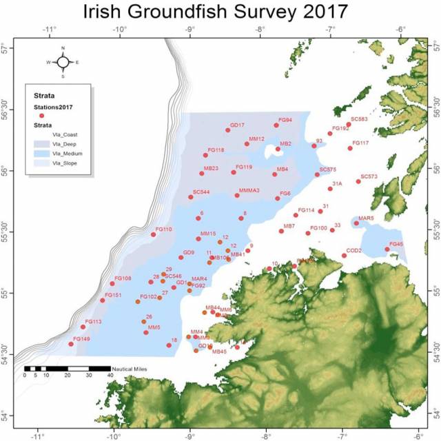 Map of the approximate haul locations in this year’s Irish Groundfish Survey off the North West Coast