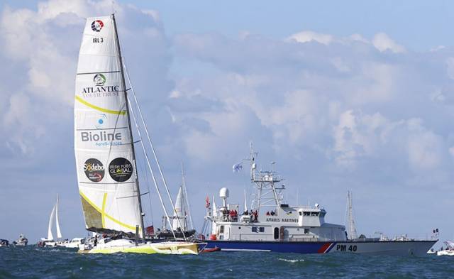 Enda O'Coineen and Kilcullen Voyager before today's start off Les Sables d'Olonne, France in the Vendee Globe race