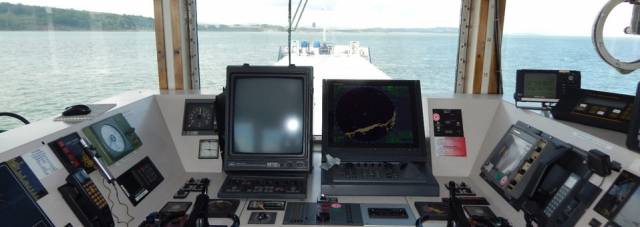 SOLENT WATERS: View from wheelhouse of short-sea trader Vedette. In recent years a fleetmate Velox stood-in for an Irish flagged cargoship (for ship's identity, read below) that went off UK-Channel Islands service for drydocking in Dublin.