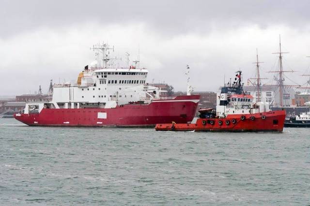 Former Royal Navy ice patrol survey ship, HMS Endurance (named in honour of Sir Ernest Shackleton's 1914-1918 Antarctic expedition ship) departing Portsmouth under tow to Turkish ship-breakers