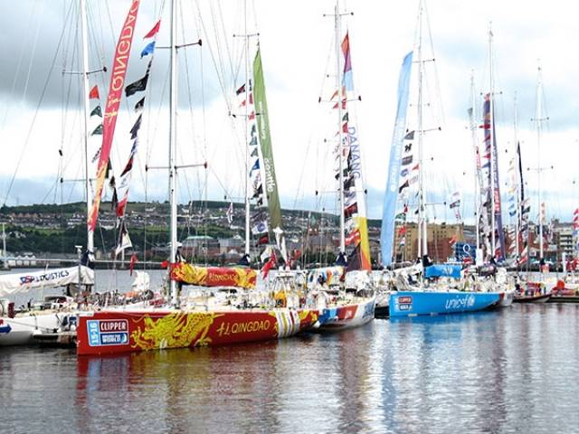 The Clipper Round the World fleet at the Foyle Marina in Derry