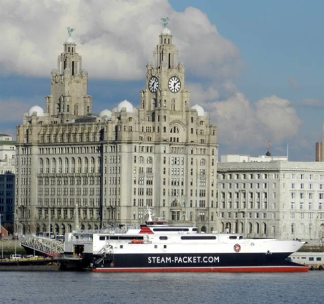 IOM Steam Packet's fastferry craft Manannan alongside Liverpool landing stage which is to have works costing £540,000. The Manannan also operates the seasonal Douglas-Dublin route.