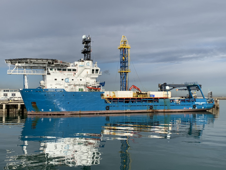 Drilling-rig ship Geoquip Saentis run by a Swiss based offshore geo-technical solutions company, has berthed in Dun Laoghaire Harbour. The 3,404 gross tonnage vessel is to be used for work at the Dundalk Bay Wind Farm project off Co. Louth. Note above the bow and bridge is a heli-pad. 