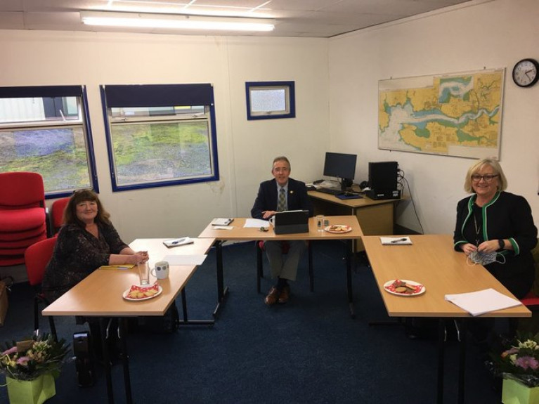 The south Wales Port of Milford Haven&#039;s scholarship panel met to virtually interview candidates. Pictured (l-r) are Maxine Thomas from Pembrokeshire College, Chairman of the Port Chris Martin and Headteacher of Haverfordwest High VC School Jane Harries. 