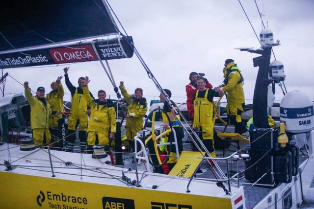Emotion on the faces of the Leg 10 winning crew of Team Brunel