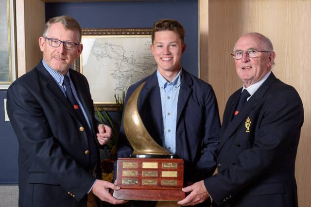 Presentation of Pyewacket Trophy by Rear Admiral Dinghies, Brian Jones (left) to Atlee Kohl (centre) and Admiral Pat Farnan
