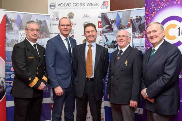 An Tanaiste Simon Coveney (second from left), a keen Cork Week competitor himself, at today's Regatta Launch at Haulbowline Island. From left: Commodore Michael Malone of the Irish Navy, David Thomas of Volvo, RCYC Admiral Pat Farnan and Irish Sailing President Jack Roy. Scroll down for more photos