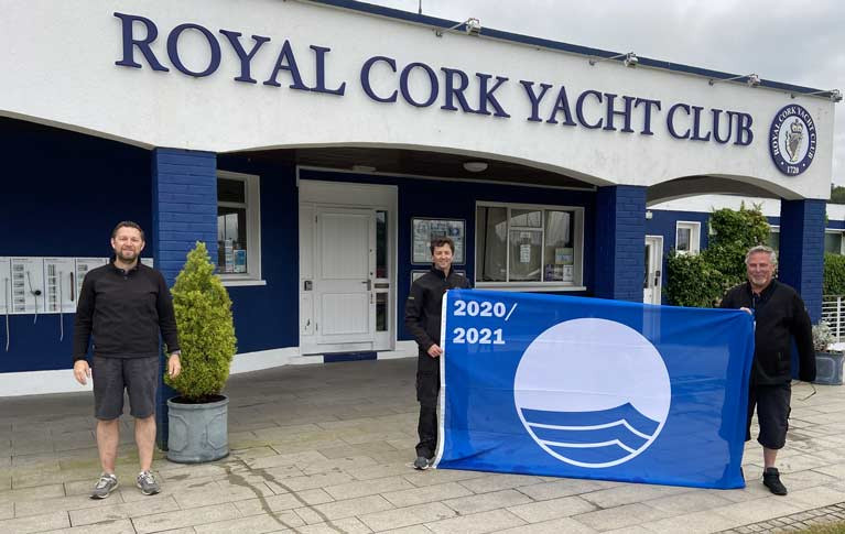 Blue Flag for Royal Cork Yacht Club - (L-R) Gavin Deane, General Manager, Dave Coveney, Marina & Facilities Supervisor and Mark Ring, Marina & Racing Manager