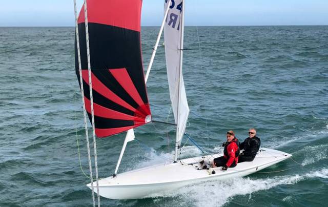 Ian Mathews and Keith Poole plane over the DBSC finish line in yesterday's Flying Fifteen race on Dublin Bay. See vid below.