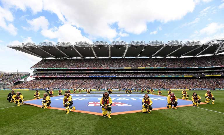 The RNLI lineout at Croke Park to promote water safety with the GAA
