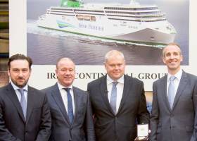Led by Irish Ferries managing director, Andrew Sheen (centre right), the group included David Ledwidge (left), chief financial officer, Irish Continental Group Plc and Capt. Brian McKenna (right). With them is Rüdiger Fuchs (centre left), CEO of shipbuilders Flensburger Schiffbau-Gesellschaft.