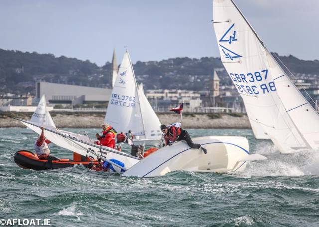 Drama at September's Subaru Flying Fifteen World Championships with one boat receiving rescue boat assistance after a capsize in the breezy conditions that prevailed on Dublin Bay