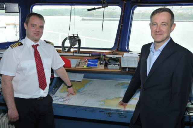 Master of the Stena Europe, Richard Cleary and Ian Davies, Stena Line’s Trade Director, Irish Sea South. They are pictured on the bridge of Stena Europe that operates the new Rosslare – Fishguard route timetable that began this week
