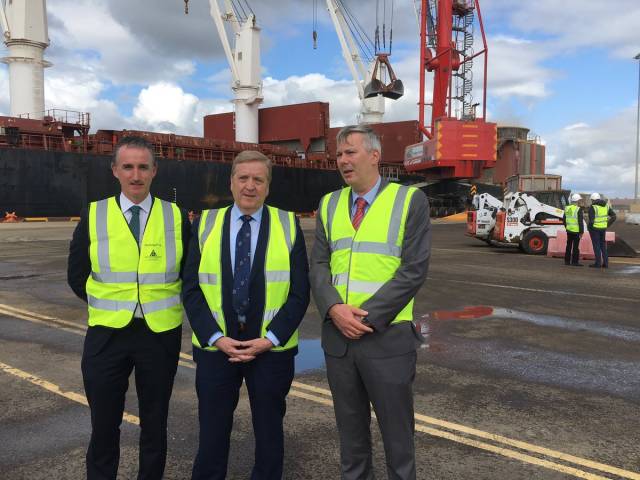 At the Port of Foynes is pictured: Mark Cullen, Assistant CEO of the HSA, Pat Breen, Minister of State for Trade, Employment, Business, EU Digital Single Market and Data Protection and Pat Keating, CEO of Shannon Foynes Port Company, who were on hand recently to see the quality health and safety standards in operation at the port.