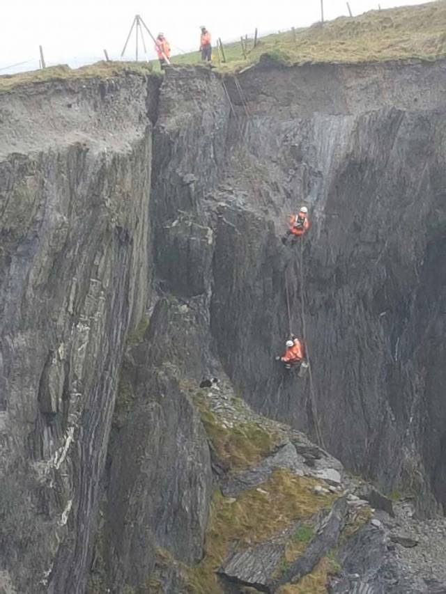 Climbers with Goleen Coast Guard attempt to retrieve the trapped dog from the cliff at Castlepoint