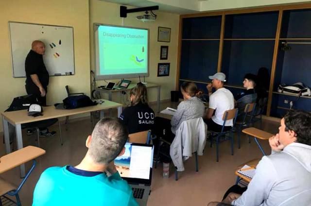Bill O'Hara deals with rules questions at the Irish Laser Radial Academy in Cadiz this week