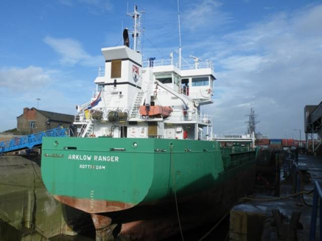 A sister of Arklow Rose, the Rotterdam registered Arklow Ranger is seen docked in Dublin Graving Docks. The facility closed with the loss of 26 jobs in April. What was the largest dry-dock in the Republic, is now that of Cork Dockyard, where Arklow Rose arrived this morning. 