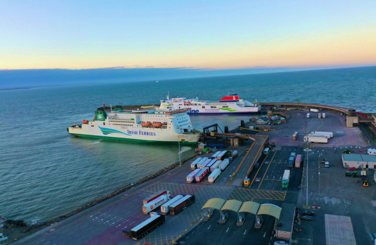 Wexford's ferryport of Rosslare as seen in April where Irish Ferries cruisferry Isle of Inishmore is preparing to depart for Pembroke and Stena Line's ropax ferry Stena Horizon which connects Cherbourg. In addition is Brittany Ferries 'economie' branded ropax Kerry (which AFLOAT adds is seen as a 'dot' above the bridge of the Stena ferry) which arrived from Bilbao awaits offshore for a berth to become vacant. 
