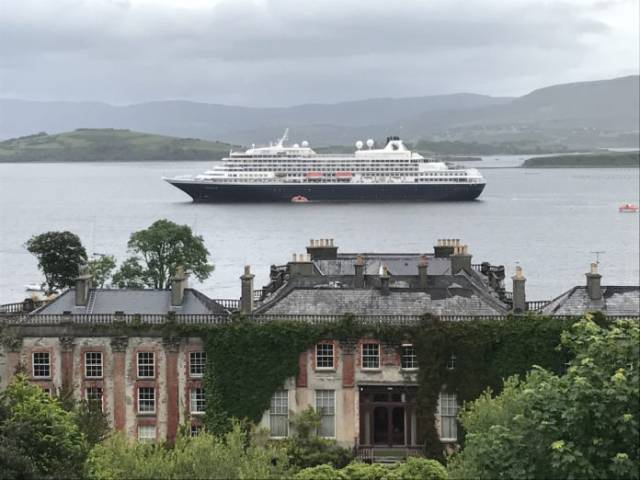 MS Prinsendam of Holland America Line at anchor off Bantry House & Garden, West Cork. The call of the 37,000 tonnes cruiseship was the first in almost 30 years to the stunning location of Bantry.
