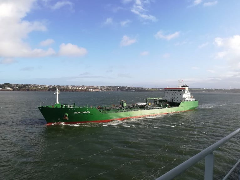 Tanker Thun London departing the Milford Haven Waterway in Wales (a proposed UK Free-Port). The 20,499 cargo capacity newbuild launched last year is from a series of chemical tankers ordered by a Swedish lake based shipping group, which are regular callers to Dublin Port where the new vessel is berthed today. 