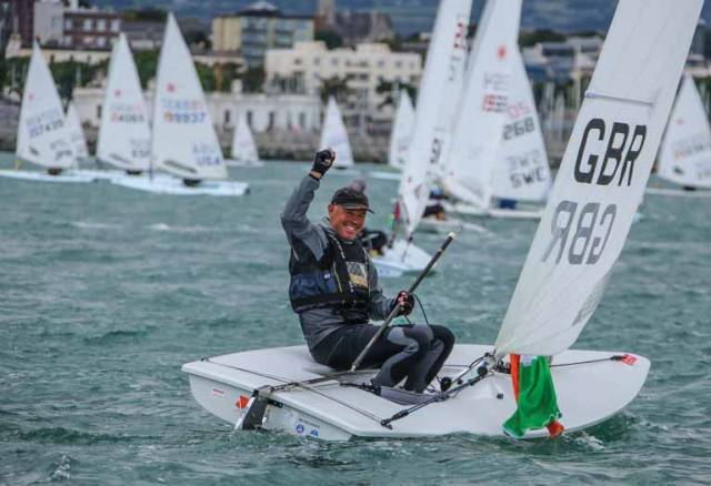 World Champion - NYC's Mark Lyttle sails home to Dun Laoghaire and a hero's welcome after the conclusion of the Laser Master Worlds on Dublin Bay Photo: Afloat.ie