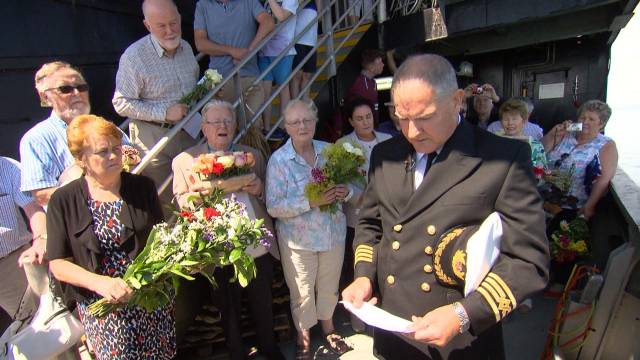 Relatives of S.S. Dundalk on RTE's Nationwide edition (last night also featured RMS Leinster) where a commemorative ceremony was held in advance to the 100th anniversary (14 October). AFLOAT has identified the ceremony took place on board the Isle of Man Steam Packet's Mannanan (with master above). The fastferry took a special detour to the wreck site.