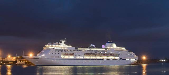 The new CMV flagship Columbus seen at night in a UK port prior to beginning the current 'Grand British Isles Discovery' cruise that included calls to Belfast and yesterday a late night departure from Dublin Port 
